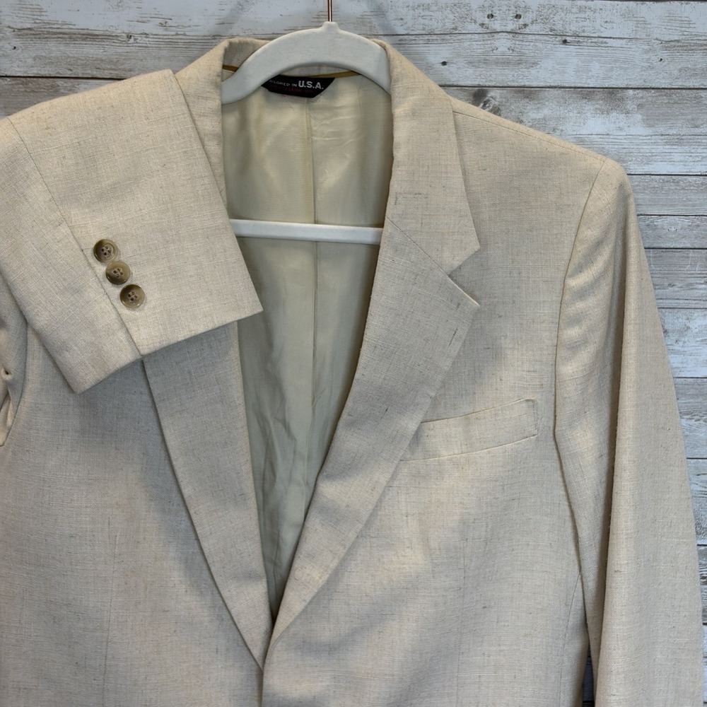 Vintage 80s-90s Cacharel Mens 39R Blazer Linen Blend Oatmeal/Ivory 2 Button USA‎